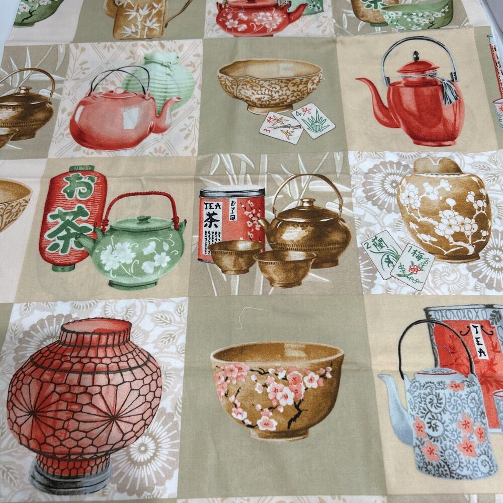 Japanese Tea Pot Dish Bowl Cotton Quilting Fabric Block  24" X 42"